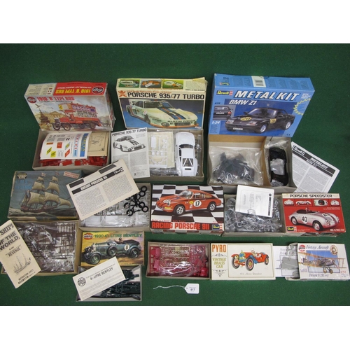 417 - Nine boxed unmade plastic and metal car, plane and ship kits from: Revell, Bandai, Airfix, Pyro and ... 