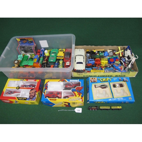 418 - Two boxes of mostly loose and plastic toy vehicles etc from the 1970's and 1980's to include The Sai... 