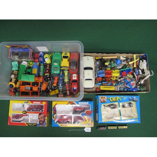 418 - Two boxes of mostly loose and plastic toy vehicles etc from the 1970's and 1980's to include The Sai... 