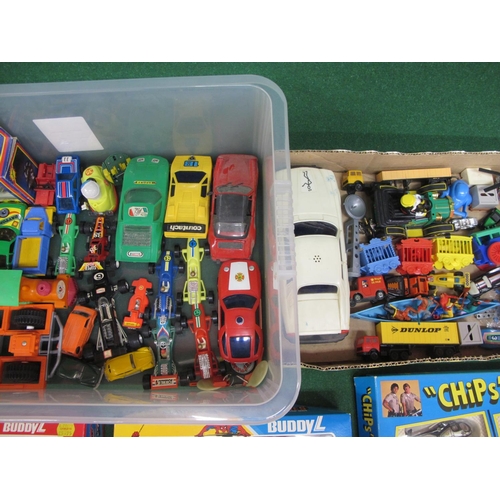 418 - Two boxes of mostly loose and plastic toy vehicles etc from the 1970's and 1980's to include The Sai... 