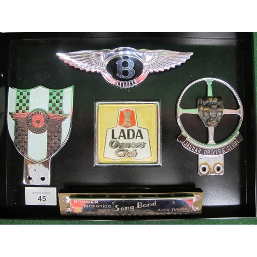 45 - Three car club badges to comprise: Jaguar Drivers, Fleetway Auto and Lada Owners together with a Win... 