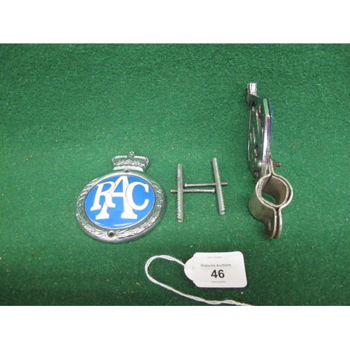 46 - New unused heavy chrome and enamel RAC badge with fixings together with a second hand diamond shaped... 