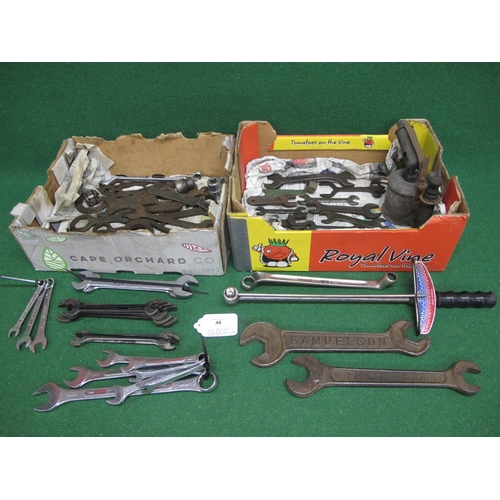 48 - Two boxes of spanners to include: vintage IH Co. and Samuelson Tractors, Superslim, Bedford-Vanadium... 