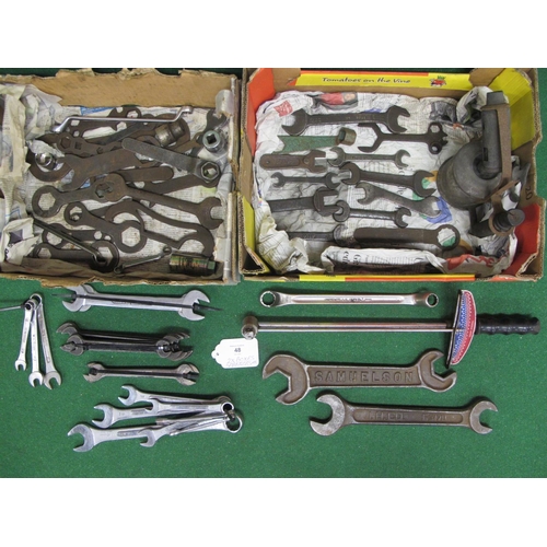 48 - Two boxes of spanners to include: vintage IH Co. and Samuelson Tractors, Superslim, Bedford-Vanadium... 