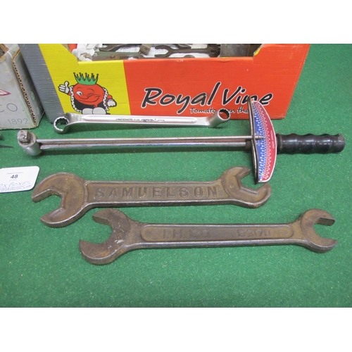 48 - Two boxes of spanners to include: vintage IH Co. and Samuelson Tractors, Superslim, Bedford-Vanadium... 