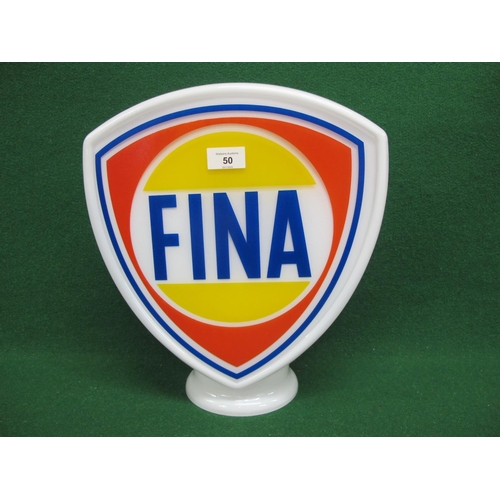 50 - Shield shaped reproduction white glass pump top globe for Fina.  Blue letters with yellow, red and b... 