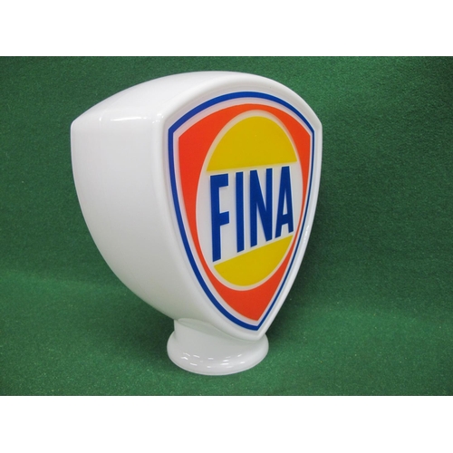 50 - Shield shaped reproduction white glass pump top globe for Fina.  Blue letters with yellow, red and b... 