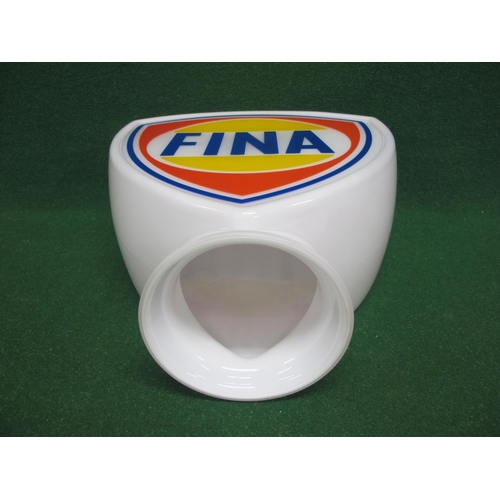 50 - Shield shaped reproduction white glass pump top globe for Fina.  Blue letters with yellow, red and b... 