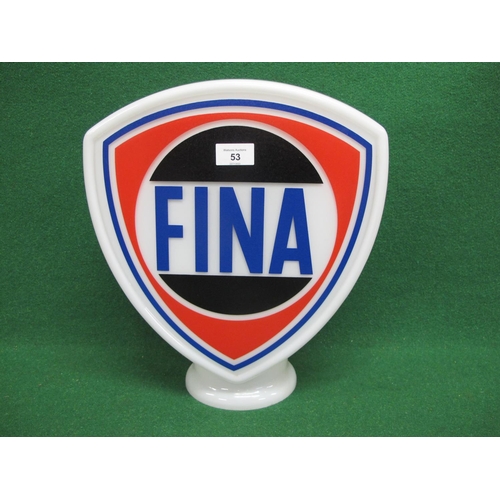 53 - Shield shaped reproduction white glass pump top globe for Fina.  Blue letters with a black, red and ... 