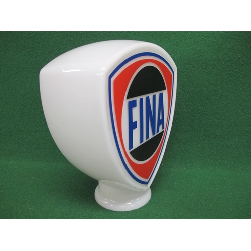 53 - Shield shaped reproduction white glass pump top globe for Fina.  Blue letters with a black, red and ... 