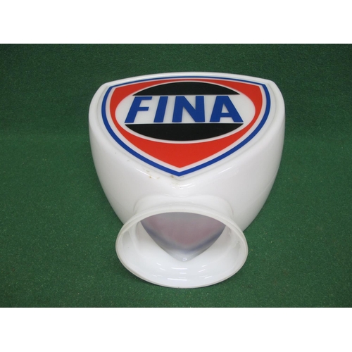 53 - Shield shaped reproduction white glass pump top globe for Fina.  Blue letters with a black, red and ... 