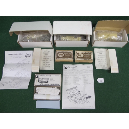 531 - Eight unmade white metal and/or resin fire engine kits from: Bygone Age, Highway Models, Fire Brigad... 