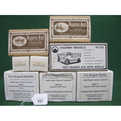 531 - Eight unmade white metal and/or resin fire engine kits from: Bygone Age, Highway Models, Fire Brigad... 