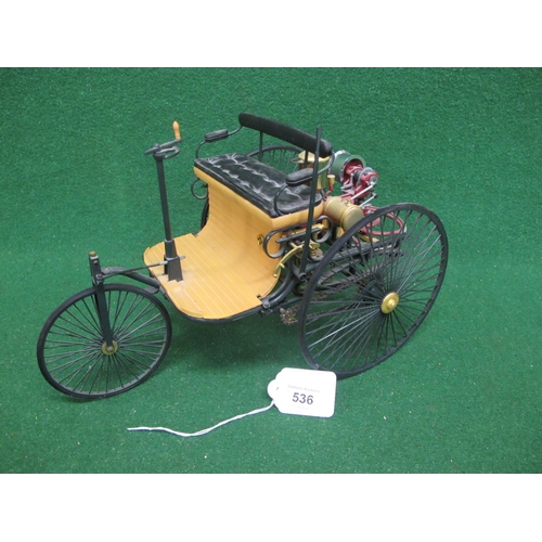 536 - Detailed metal and plastic large scale model of an early motorised tricycle for two featuring many m... 