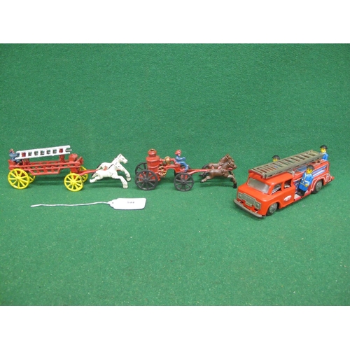 544 - Two painted rough cast metal horse drawn fire appliances together with a tin plate friction drive fi... 