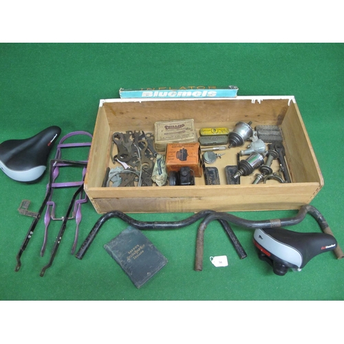 56 - Crate of cycle parts to include: John Bull repair outfit with contents, box of Phillips 4