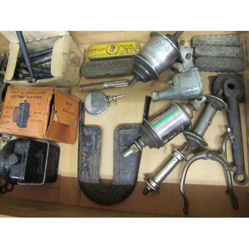 56 - Crate of cycle parts to include: John Bull repair outfit with contents, box of Phillips 4