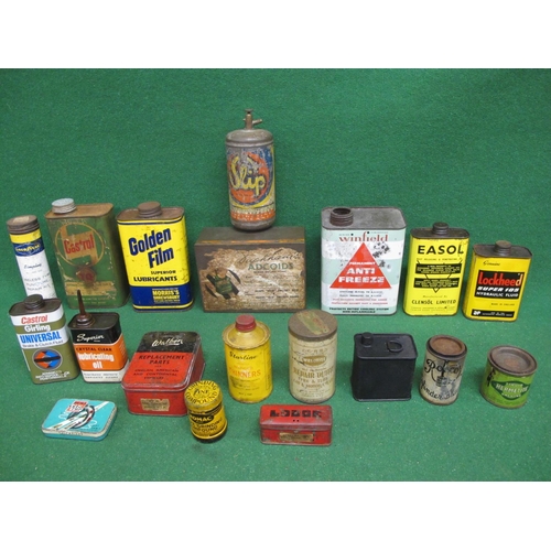 58 - Box of colourful old product tins to include: Easol & Slip Penetrating Lubricants, Adcoids, Castrol ... 