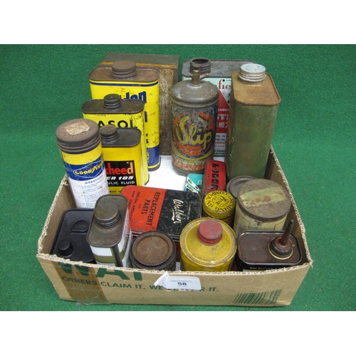 58 - Box of colourful old product tins to include: Easol & Slip Penetrating Lubricants, Adcoids, Castrol ... 