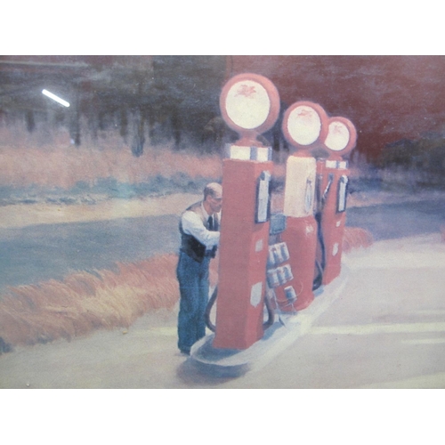 61 - Print of an American Mobilgas filling station forecourt attendant reading the end of the day pump fi... 