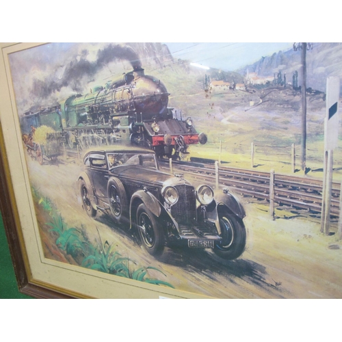 69 - Terence Cuneo print of his 1970 painting depicting the race between a Bentley Coupe and The Blue Tra... 