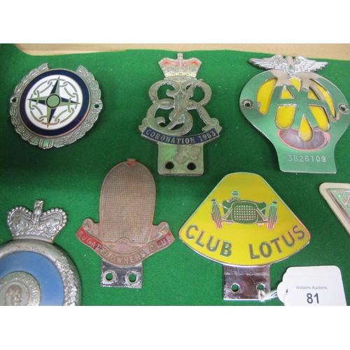 81 - Eleven car badges to include: 1953 Coronation, Ferrari Motor Club Wythenshawe, Bugatti Owners Club, ... 