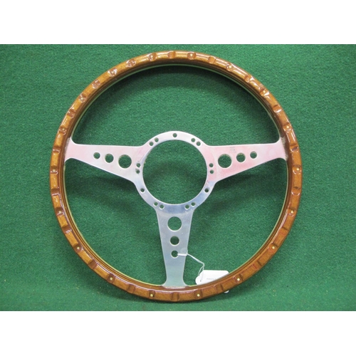 84 - Flat Moto-lita steering wheel with three polished metal spokes and riveted wooden rim - 14