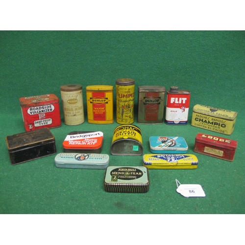 86 - Quantity of product tins mostly for tube repairs from: Dunlop, Limpit, Britannia, John Bull, Power P... 