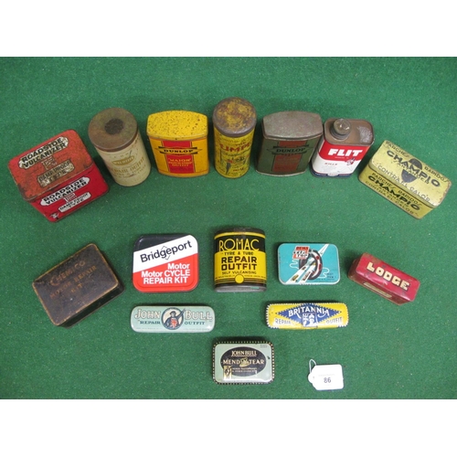 86 - Quantity of product tins mostly for tube repairs from: Dunlop, Limpit, Britannia, John Bull, Power P... 