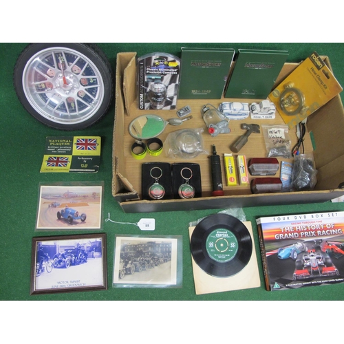 88 - Box of mixed items to include: the V16 BRM recording from Sound Stories, modern wall tyre  clock, dv... 