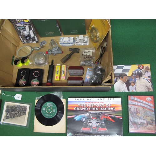 88 - Box of mixed items to include: the V16 BRM recording from Sound Stories, modern wall tyre  clock, dv... 