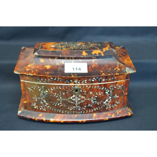 114 - 19th century tortoiseshell tea caddy with mother of pearl inlay opening to reveal two section tea co... 