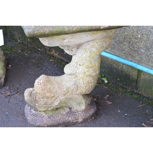 12 - 20th century concrete curved garden bench seat standing on two fish formed supports -40.5