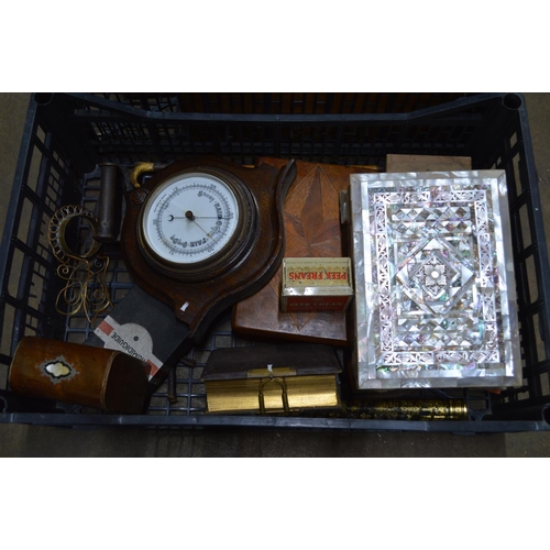 124 - Two boxes of sundry items to include: photograph album, barometer, boxes, riding crop, box stool etc