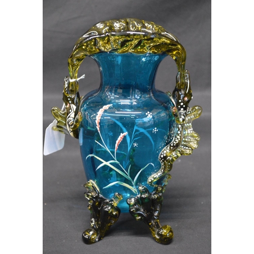 135 - 20th century possibly Moser glass vase having blue body with hand painted decoration and green lizar... 