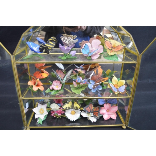 141 - Display case housing fourteen Franklin Mint porcelain butterflies