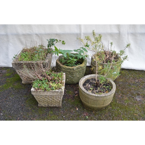 28 - Group of five 20th century concrete planters of various shapes and styles