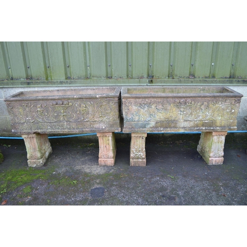 4 - Pair of reconstituted terracotta colour trough planters on stands - 46