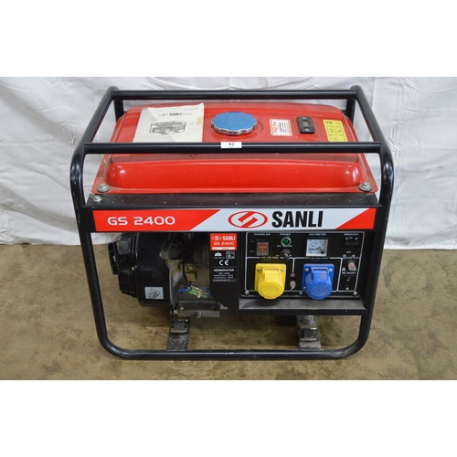 43 - Sanli GS2400 generator, 4Kw @ 3000 rpm, 230-50Hz (sold as seen, untried and untested)