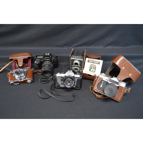 54 - Quantity of cameras to comprise: Halina Viceroy box camera, Zenit-E, Yashica FX-D, Kodak Retina Auto... 