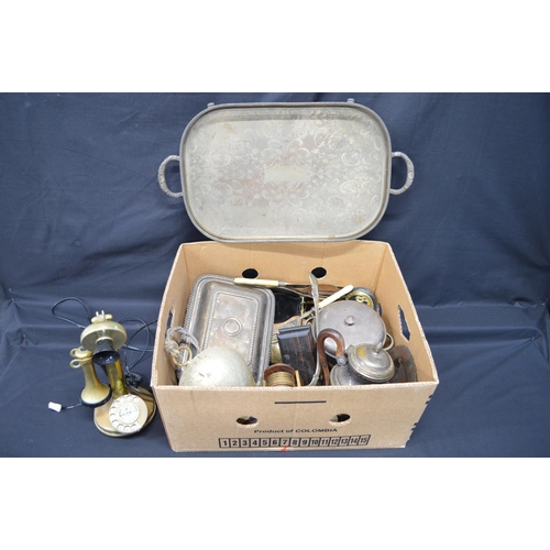 58 - Box of metalware etc to include: candlestick telephone, silverplated ware and horse brasses etc