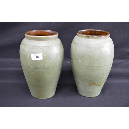 70 - Pair of TW Lemon & Son green ground Art pottery vases of tapering form, signed on base - 10