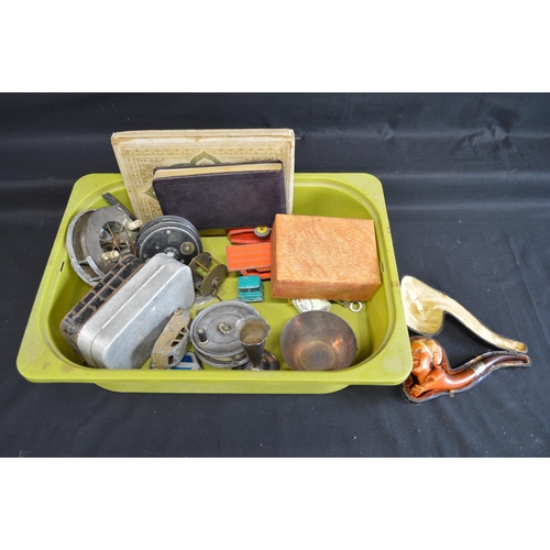 80 - Tray of sundry items to include: cased pipe, vintage fishing reels and toy cars etc