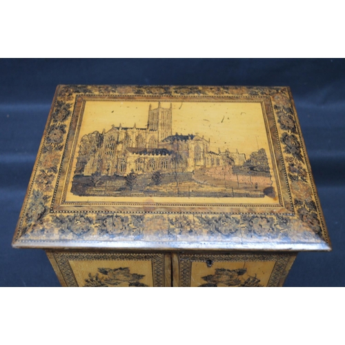 97 - Tunbridge ware table top work cabinet/box the lift top lid having scene of cathedral with floral bor... 