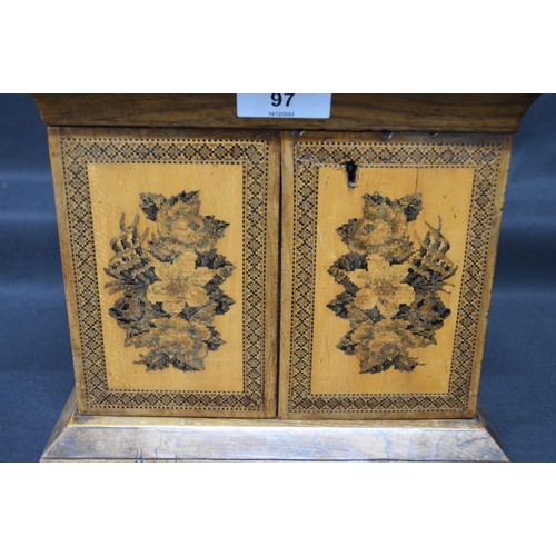 97 - Tunbridge ware table top work cabinet/box the lift top lid having scene of cathedral with floral bor... 