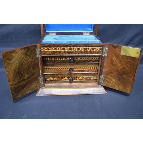 97 - Tunbridge ware table top work cabinet/box the lift top lid having scene of cathedral with floral bor... 