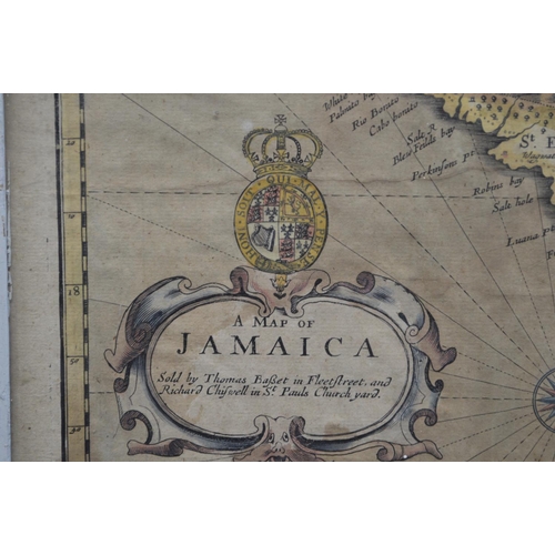 201 - Hand coloured map of Jamaica and Barbados, sold by Thomas Basset and Richard Chiswell, in glazed pai... 