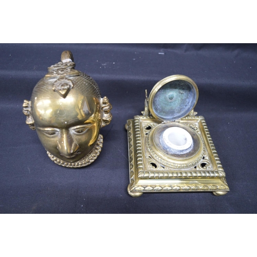 213 - Brass desk inkwell with fish formed pen rest - 5