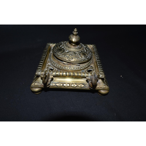 213 - Brass desk inkwell with fish formed pen rest - 5