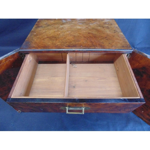 241 - Walnut table top humidor cabinet having two doors opening to reveal three drawers with brass handles... 